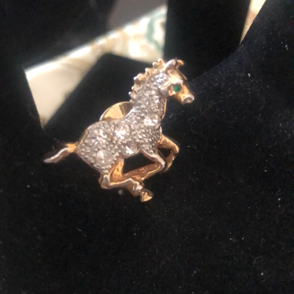 Running horse tie tack/collar pin. Rhinestones.